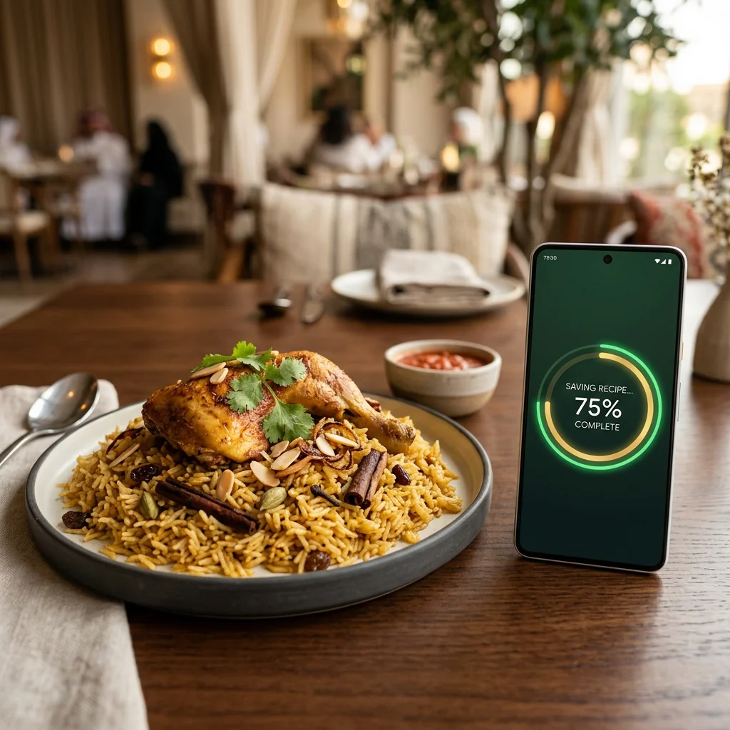 Flat lay of popular Saudi foods including Kabsa with roasted chicken, Jareesh, Mandi, and dates, with calorie counts and macro badges displayed next to them on a styled warm-toned background