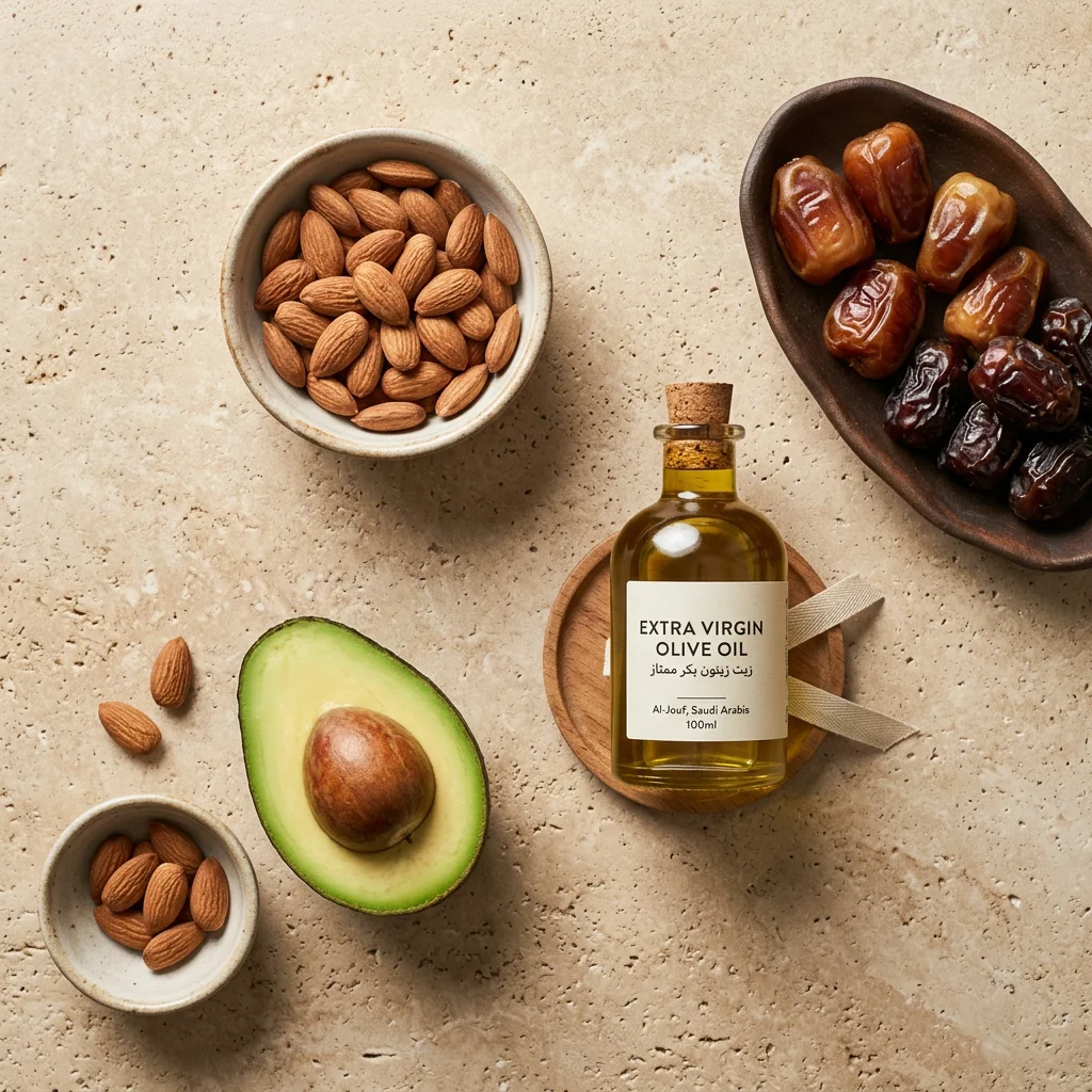 Flat lay of fresh Saudi kitchen ingredients: raw almonds, organic dates, a small glass bottle of extra virgin olive oil, and a fresh avocado on a textured beige background